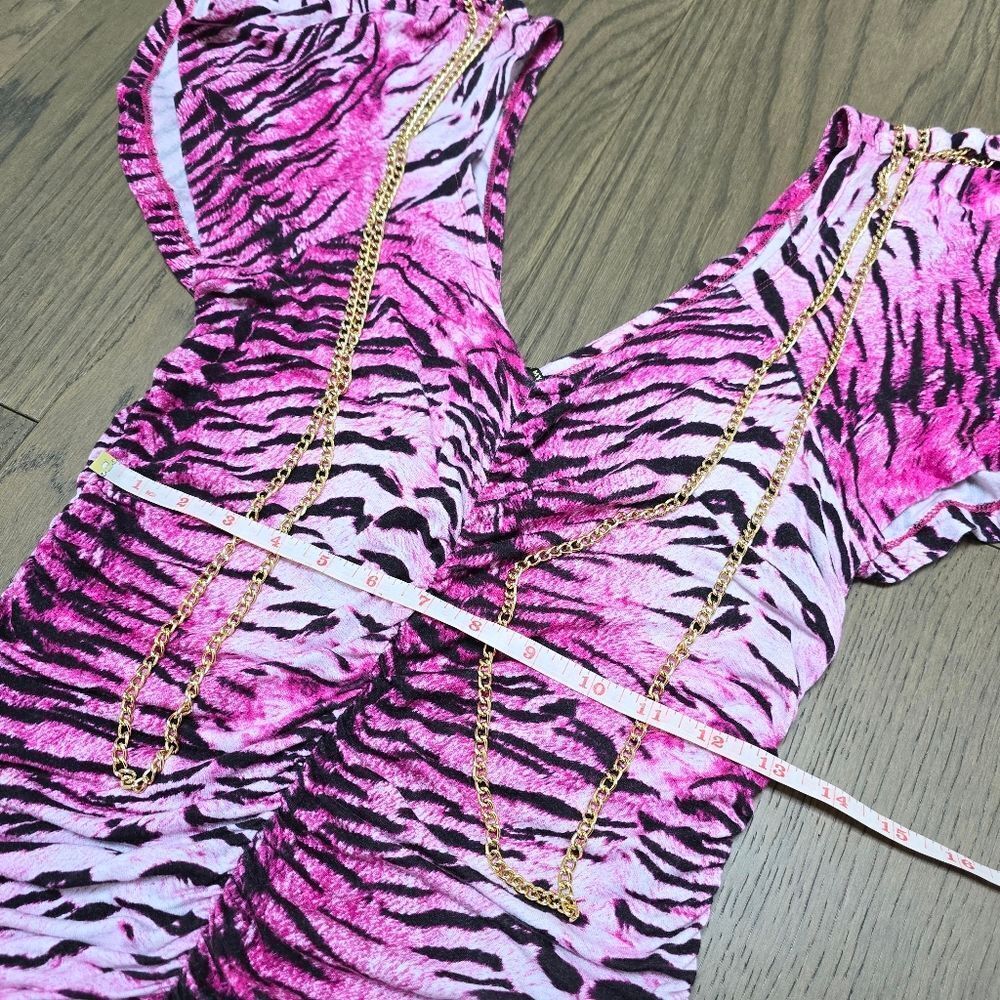 COOGI Y2K Ruched Plunge Zebra Print Mini Dress in Electric Hot Pink - Picture 13 of 16